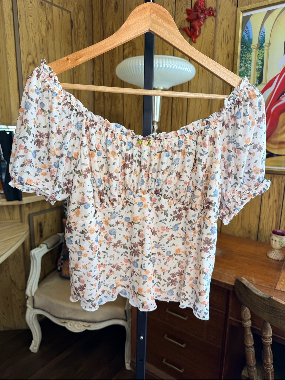 Stitch & Pine Floral Off-Shoulder Peasant Top - White with Peach & Brown Flowers